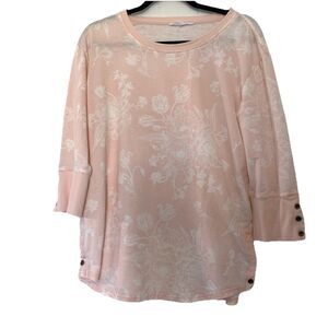 Jane & Delancey Sweatshirt Womens Large Pink Floral Buttons Lightweight Burnout